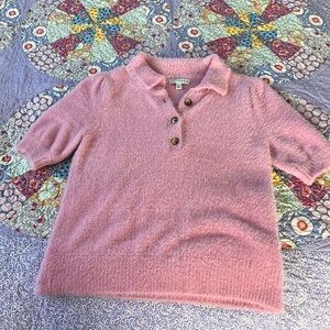Lucy Paris "Ava" Fuzzy Polo Shirt Top Pink Short Sleeve Collared Sweater Small